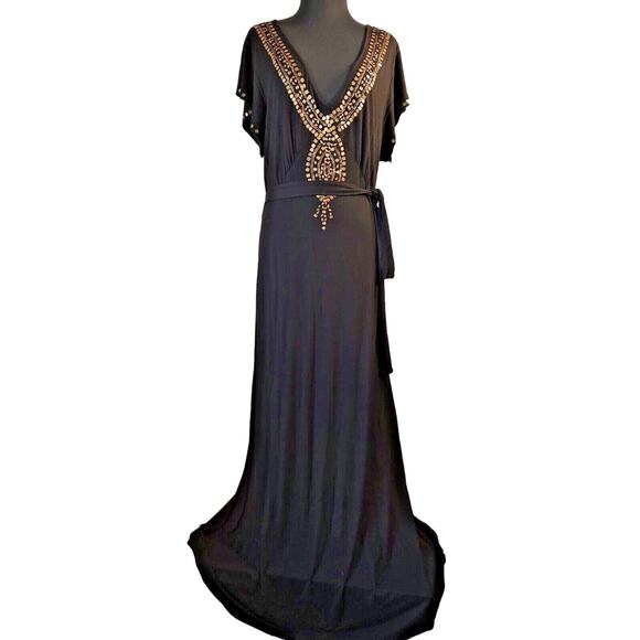 Monroe & Main Woman Maxi Black Jersey Flowy Dress Size 1X Brass Metallic Accents - Picture 1 of 14